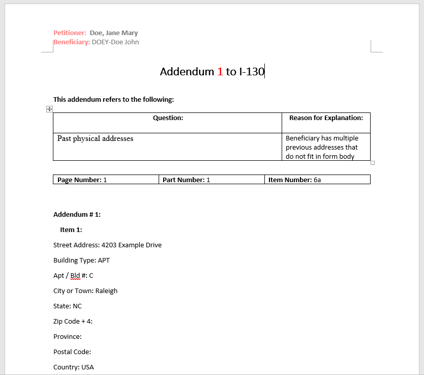 I-130 petition for alien relative - addendum example