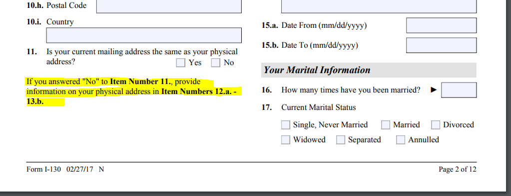 Form I-130 Petition for Alien Relative - Skip a Space Directions