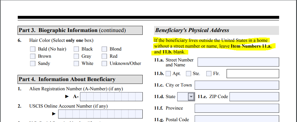 Form I-130 Petition for Alien relative - skip section instructions