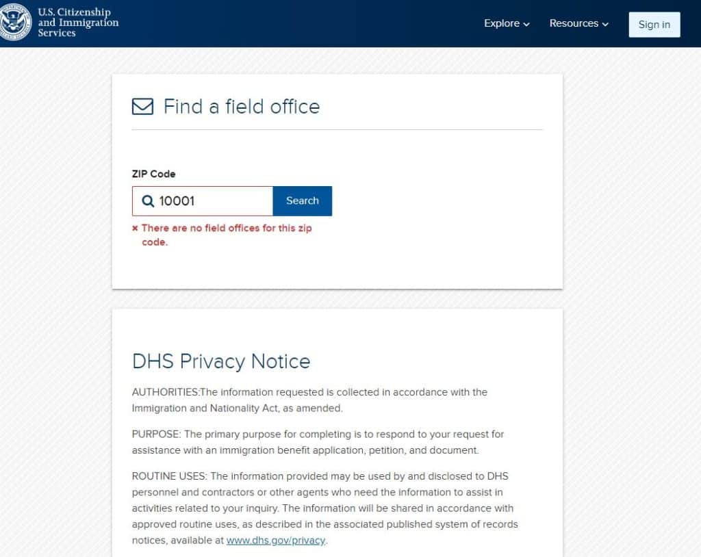 Infopass at USCIS is not working, and the online scheduling system shows this scree, which says it doesn't recognize the zip code. But this is, in reality, a sign that the infopass no longer exists for your area.