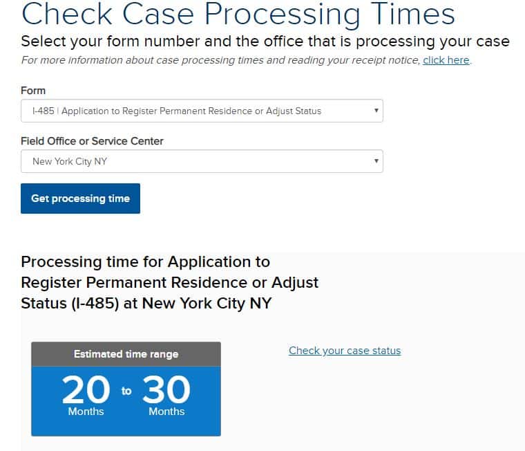 USCIS medical exam timing requires consideration of processing times. this image shows current processing times of 20-30 months in New York USCIS offices.