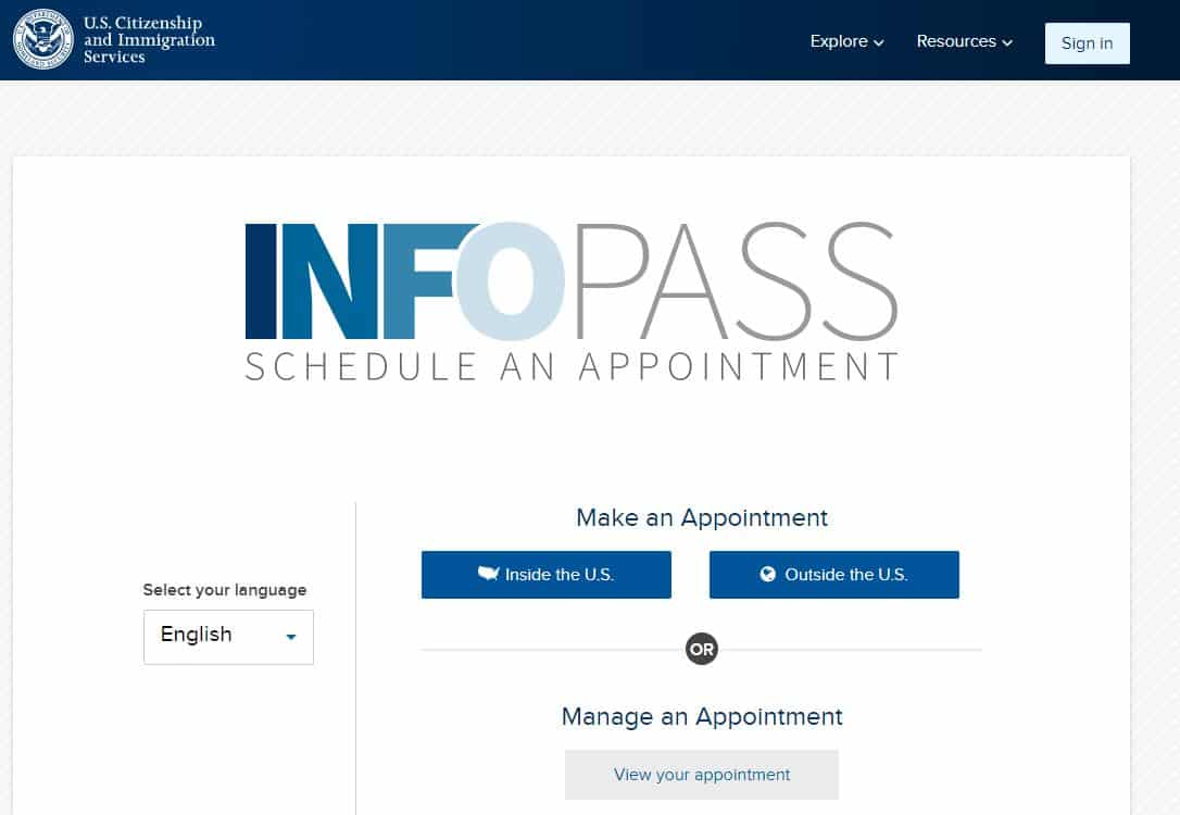 Shows new USCIS Infopass page