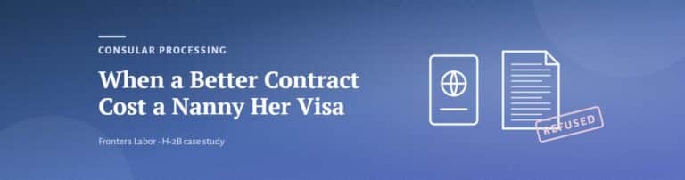 Illustration of a passport and a crowded contract with a refused stamp for an H-2B consular refusal case study